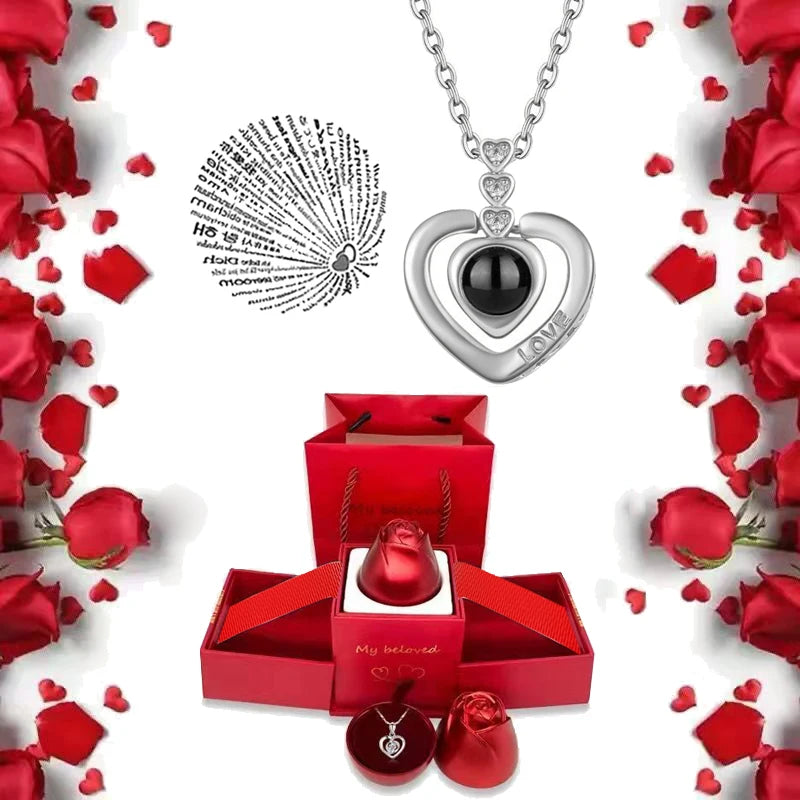 I Love You Necklace with Roses Gift Box