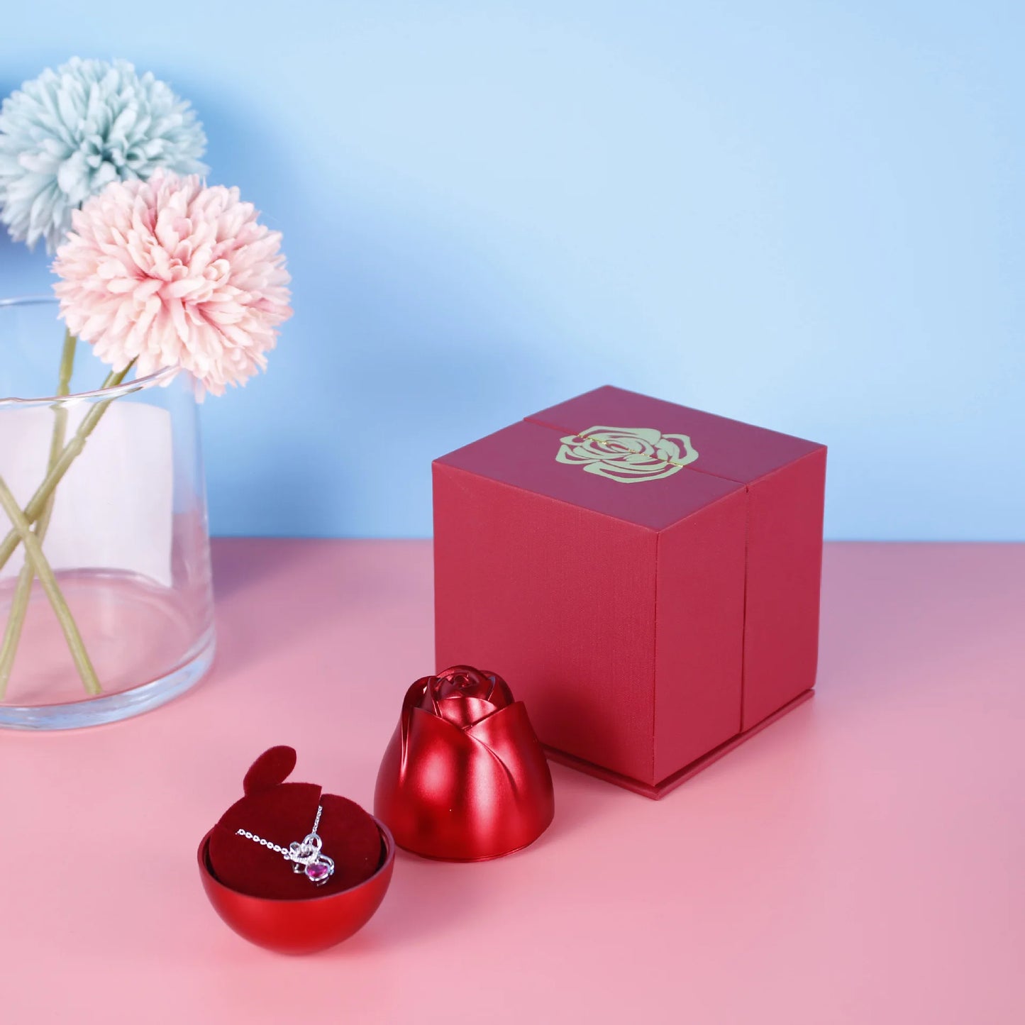 I Love You Necklace with Roses Gift Box