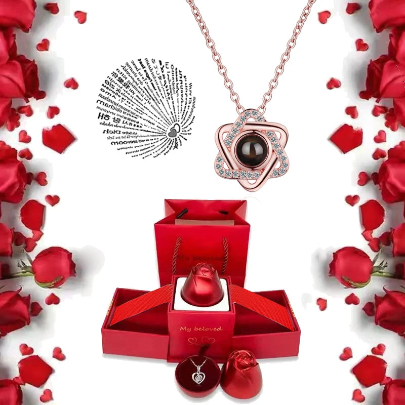 I Love You Necklace with Roses Gift Box