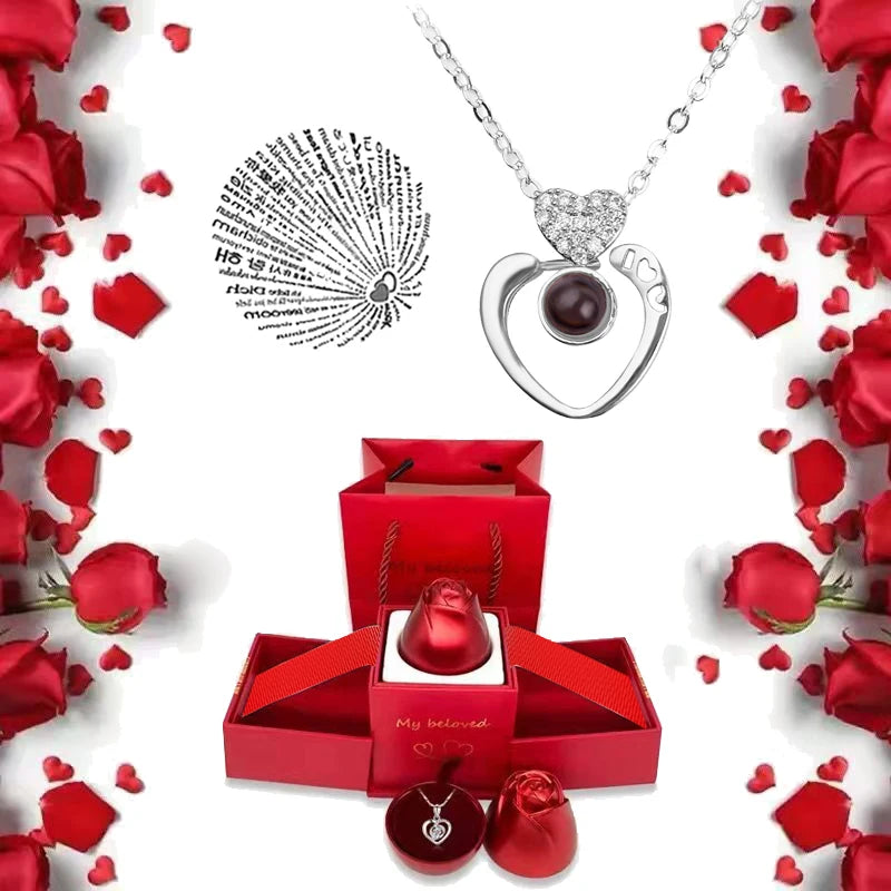 I Love You Necklace with Roses Gift Box