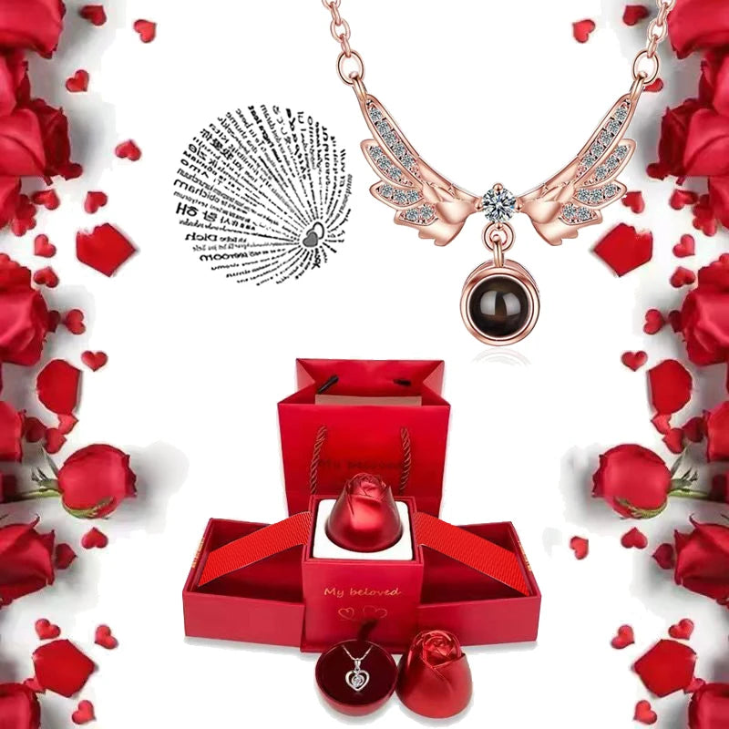 I Love You Necklace with Roses Gift Box
